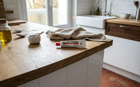 Cuisine française contemporaine avec plinthe blanche propre et tube d'appât gel anti-fourmis posé sur le plan de travail en bois clair en fin de matinée d'automne, ambiance sobre lumière naturelle documentaire aucun humain ni insecte visible plan macro rapproché
