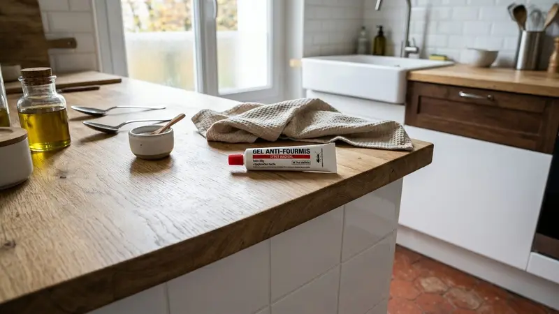 Cuisine française contemporaine avec plinthe blanche propre et tube d'appât gel anti-fourmis posé sur le plan de travail en bois clair en fin de matinée d'automne, ambiance sobre lumière naturelle documentaire aucun humain ni insecte visible plan macro rapproché
