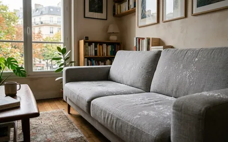 Salon français contemporain avec canapé en tissu gris clair recouvert d'une fine couche de bicarbonate blanc saupoudré en début d'après-midi d'automne, ambiance sobre lumière naturelle documentaire aucun humain ni insecte visible plan macro rapproché