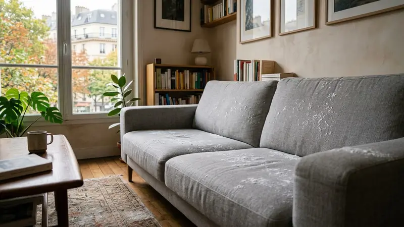 Salon français contemporain avec canapé en tissu gris clair recouvert d'une fine couche de bicarbonate blanc saupoudré en début d'après-midi d'automne, ambiance sobre lumière naturelle documentaire aucun humain ni insecte visible plan macro rapproché