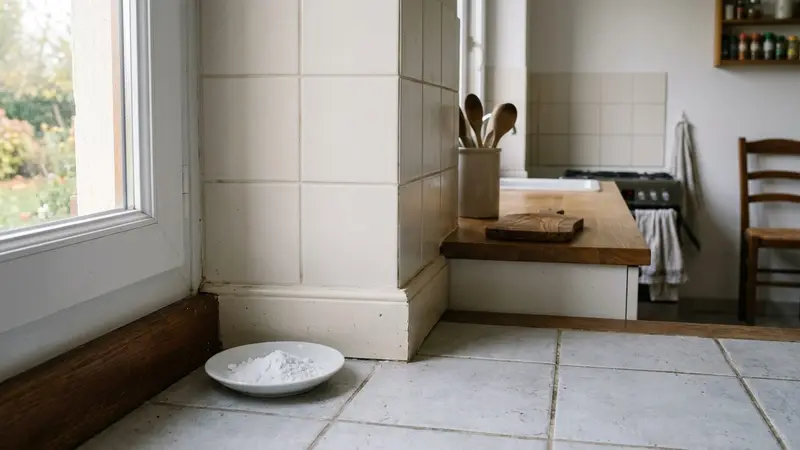 Coin de cuisine française contemporaine en carrelage clair avec petite soucoupe blanche contenant mélange bicarbonate + sucre glace posée près de la plinthe en début de matinée d'automne, ambiance sobre lumière naturelle documentaire aucun humain ni insecte visible plan macro rapproché