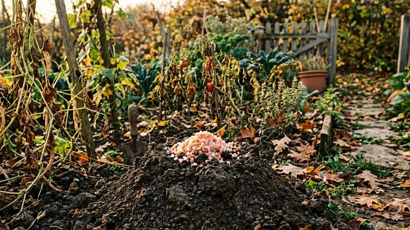 Coin de potager français d'automne avec petit tas de sel gemme cristallisé rose orangé disposé sur une taupinière de terre brune fraîche en fin d'après-midi, ambiance sobre lumière naturelle documentaire aucun humain ni animal visible plan macro rapproché