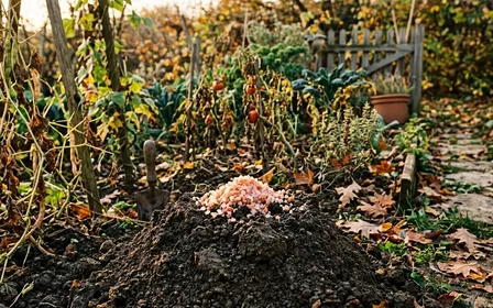 Coin de potager français d'automne avec petit tas de sel gemme cristallisé rose orangé disposé sur une taupinière de terre brune fraîche en fin d'après-midi, ambiance sobre lumière naturelle documentaire aucun humain ni animal visible plan macro rapproché