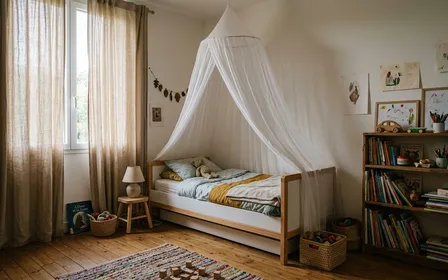 Chambre d'enfant française contemporaine avec lit blanc en bois clair surmonté d'une moustiquaire baldaquin blanche fine et rideaux beige clair fermés en début de soirée d'automne, ambiance sobre lumière naturelle documentaire aucun humain ni insecte visible plan large horizontal