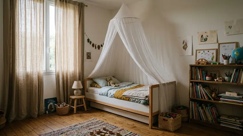 Chambre d'enfant française contemporaine avec lit blanc en bois clair surmonté d'une moustiquaire baldaquin blanche fine et rideaux beige clair fermés en début de soirée d'automne, ambiance sobre lumière naturelle documentaire aucun humain ni insecte visible plan large horizontal