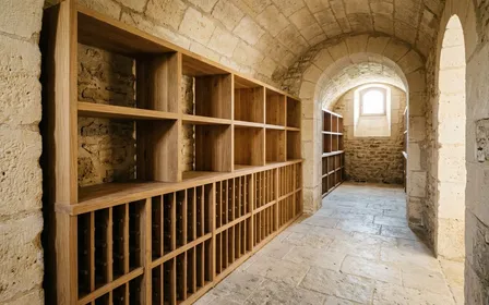 Cave française contemporaine en pierre claire avec étagère en bois vide et coins nettoyés en début de matinée d'automne, ambiance sobre lumière naturelle documentaire aucun humain ni araignée visible plan large horizontal