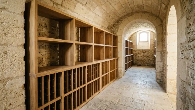 Cave française contemporaine en pierre claire avec étagère en bois vide et coins nettoyés en début de matinée d'automne, ambiance sobre lumière naturelle documentaire aucun humain ni araignée visible plan large horizontal