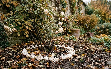 Coin de jardin français d'automne avec rosier feuillu à fleurs claires et gousses d'ail blanc écrasées disposées en cercle à la base du plant en fin de matinée, ambiance sobre lumière naturelle documentaire aucun humain ni insecte visible plan macro rapproché