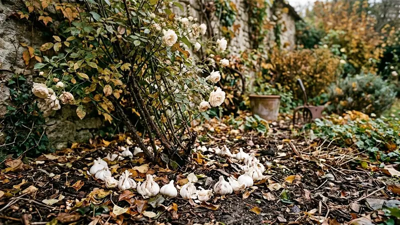 Coin de jardin français d'automne avec rosier feuillu à fleurs claires et gousses d'ail blanc écrasées disposées en cercle à la base du plant en fin de matinée, ambiance sobre lumière naturelle documentaire aucun humain ni insecte visible plan macro rapproché
