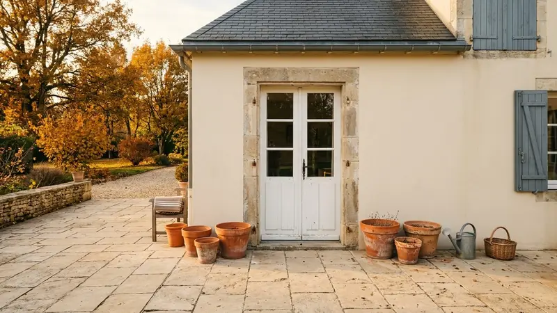 Terrasse française contemporaine en dalles beige clair avec ligne fine de poudre blanche de terre de diatomée disposée au seuil de la porte-fenêtre en fin d'après-midi d'automne, ambiance sobre lumière naturelle documentaire aucun humain ni insecte visible plan macro rapproché