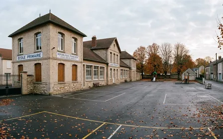 École primaire française contemporaine en briques claires avec cour de récréation vide et bâtiment scolaire fermé en début de matinée d'automne, ambiance sobre lumière naturelle documentaire aucun humain ni insecte visible plan large horizontal
