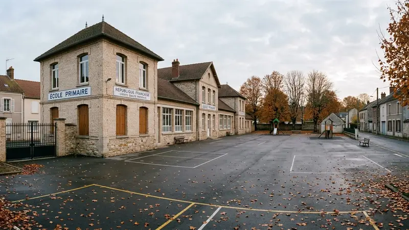 École primaire française contemporaine en briques claires avec cour de récréation vide et bâtiment scolaire fermé en début de matinée d'automne, ambiance sobre lumière naturelle documentaire aucun humain ni insecte visible plan large horizontal