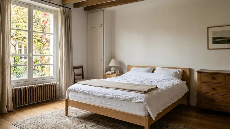 Chambre à coucher française contemporaine avec matelas blanc recouvert d'une housse anti-punaises blanche zippée sur cadre en bois clair en début d'après-midi d'automne, ambiance sobre lumière naturelle documentaire aucun humain ni insecte visible plan large horizontal