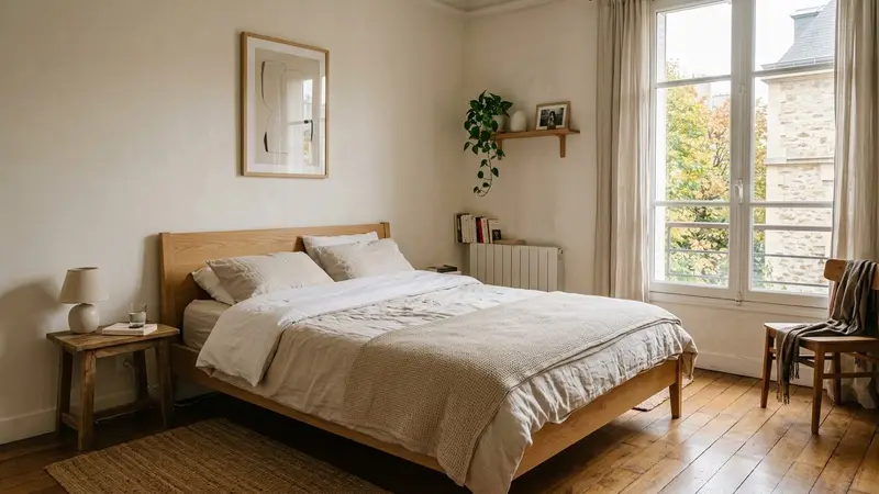 Chambre à coucher française contemporaine avec lit blanc en bois clair et draps beige clair rangés en début d'après-midi d'automne, ambiance sobre lumière naturelle documentaire aucun humain ni insecte visible plan large horizontal