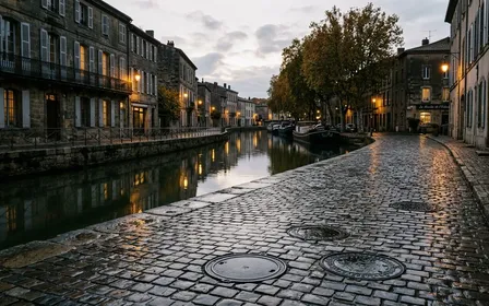 Rue de bord de canal française contemporaine avec pavés mouillés reflétant la lumière et bouches d'égout métalliques rondes noires en début de soirée d'automne, ambiance sobre lumière naturelle documentaire aucun humain ni animal visible plan large horizontal