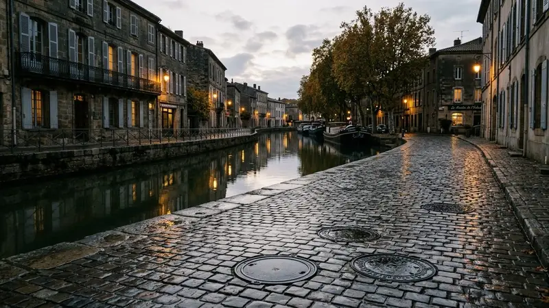 Rue de bord de canal française contemporaine avec pavés mouillés reflétant la lumière et bouches d'égout métalliques rondes noires en début de soirée d'automne, ambiance sobre lumière naturelle documentaire aucun humain ni animal visible plan large horizontal