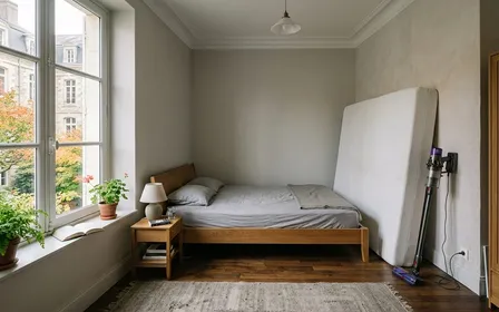 Chambre à coucher française contemporaine avec matelas blanc levé contre un mur pour aspiration et aspirateur balai posé à côté en début d'après-midi d'automne, ambiance sobre lumière naturelle documentaire aucun humain visible plan large horizontal