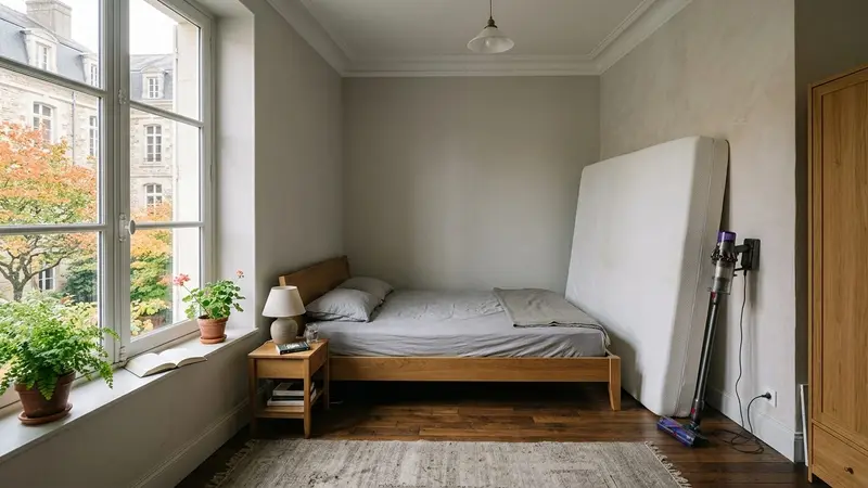 Chambre à coucher française contemporaine avec matelas blanc levé contre un mur pour aspiration et aspirateur balai posé à côté en début d'après-midi d'automne, ambiance sobre lumière naturelle documentaire aucun humain visible plan large horizontal