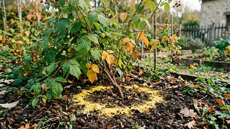 Coin de potager français d'automne avec framboisiers feuillus à branches épineuses et petit tas de poudre jaune de farine de moutarde saupoudrée en cercle au pied du plant en fin de matinée, ambiance sobre lumière naturelle documentaire aucun humain ni animal visible plan macro rapproché