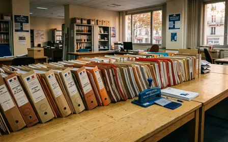 Bureau de préfecture française contemporaine avec dossiers papier alignés sur une table en bois clair et tampon officiel bleu posé à côté en fin d'après-midi d'automne, ambiance sobre lumière naturelle documentaire aucun humain visible plan large horizontal