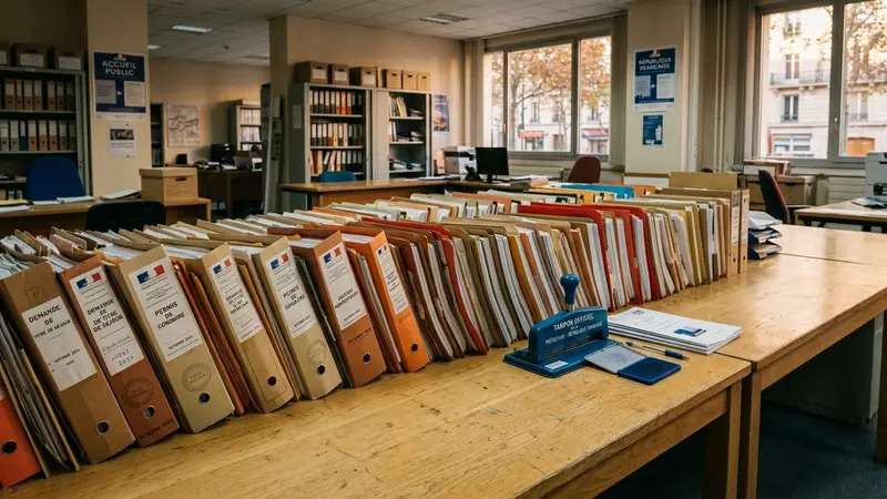 Bureau de préfecture française contemporaine avec dossiers papier alignés sur une table en bois clair et tampon officiel bleu posé à côté en fin d'après-midi d'automne, ambiance sobre lumière naturelle documentaire aucun humain visible plan large horizontal