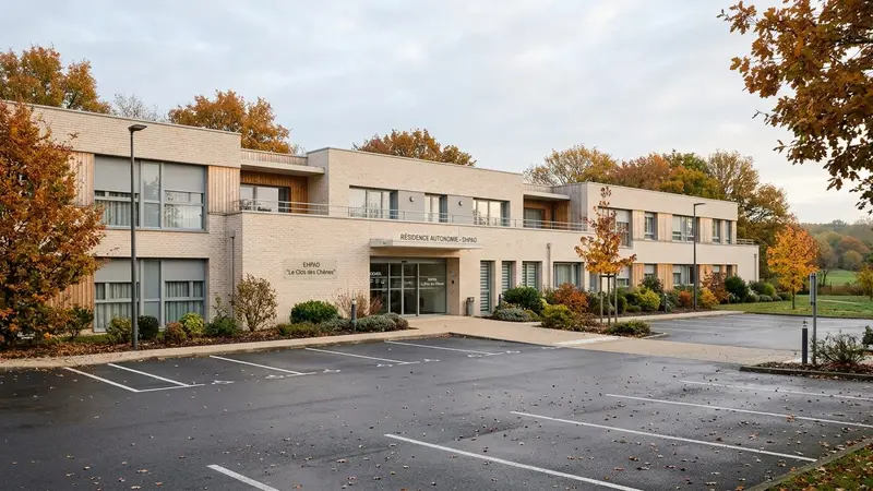 Bâtiment d'EHPAD français contemporain en briques claires avec entrée principale fermée et parking vide devant en début de matinée d'automne, ambiance sobre lumière naturelle documentaire aucun humain ni animal visible plan large horizontal