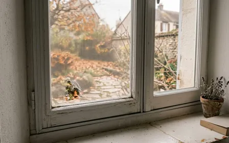 Fenêtre française contemporaine en bois clair peint blanc avec moustiquaire adhésive blanche présentant une petite déchirure visible dans un coin en fin d'après-midi d'automne, ambiance sobre lumière naturelle documentaire aucun humain ni insecte visible plan macro rapproché