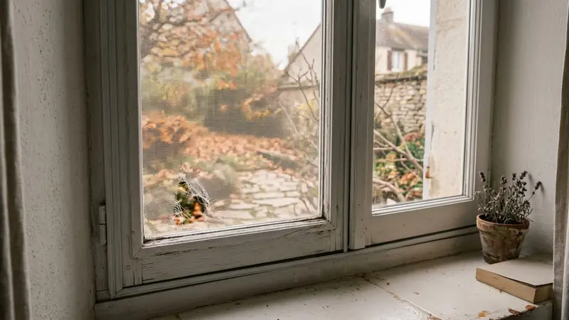 Fenêtre française contemporaine en bois clair peint blanc avec moustiquaire adhésive blanche présentant une petite déchirure visible dans un coin en fin d'après-midi d'automne, ambiance sobre lumière naturelle documentaire aucun humain ni insecte visible plan macro rapproché