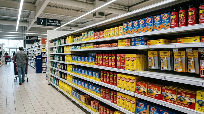 Rayon supermarché français contemporain avec produits anti-cafards en tubes et boîtes colorées alignés sur des étagères blanches sous éclairage LED en fin de matinée, ambiance sobre lumière artificielle documentaire aucun humain visible plan large horizontal