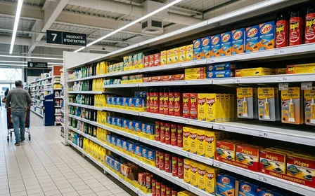 Rayon supermarché français contemporain avec produits anti-cafards en tubes et boîtes colorées alignés sur des étagères blanches sous éclairage LED en fin de matinée, ambiance sobre lumière artificielle documentaire aucun humain visible plan large horizontal