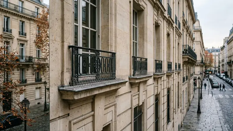 Façade d'immeuble français contemporain haussmannien en pierre claire avec rebord de fenêtre équipé de pointes anti-pigeons métalliques en acier inoxydable en fin d'après-midi d'automne, ambiance sobre lumière naturelle documentaire aucun humain ni oiseau visible plan large horizontal