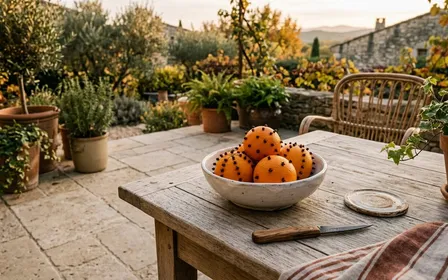 Terrasse française contemporaine en dalles beige clair avec oranges rondes orangées piquées de clous de girofle brun foncé disposées dans un bol en céramique blanche sur une table de jardin en bois clair en fin d'après-midi d'automne, ambiance sobre lumière naturelle documentaire aucun humain ni insecte visible plan macro rapproché