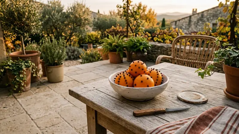Terrasse française contemporaine en dalles beige clair avec oranges rondes orangées piquées de clous de girofle brun foncé disposées dans un bol en céramique blanche sur une table de jardin en bois clair en fin d'après-midi d'automne, ambiance sobre lumière naturelle documentaire aucun humain ni insecte visible plan macro rapproché