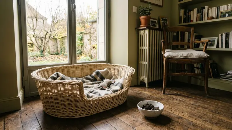 Coin de salon français contemporain avec panier à chien en osier beige clair et petit bol en céramique blanche contenant du marc de thé noir humide posé à côté en fin de matinée d'automne, ambiance sobre lumière naturelle documentaire aucun humain ni animal visible plan macro rapproché
