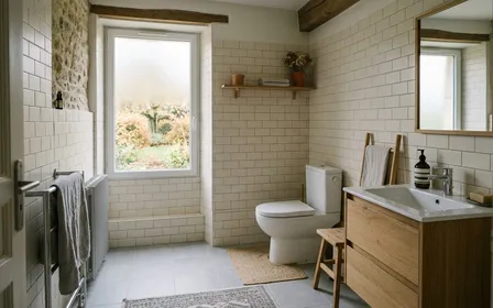Salle de bains française contemporaine en carrelage clair avec cuvette de WC blanche propre et couvercle rabattu fermé en début d'après-midi d'automne, ambiance sobre lumière naturelle documentaire aucun humain ni rongeur visible plan large horizontal