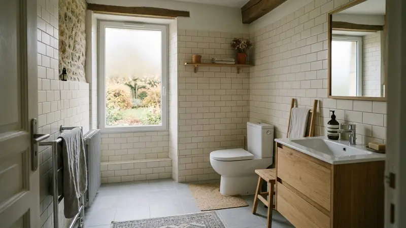 Salle de bains française contemporaine en carrelage clair avec cuvette de WC blanche propre et couvercle rabattu fermé en début d'après-midi d'automne, ambiance sobre lumière naturelle documentaire aucun humain ni rongeur visible plan large horizontal