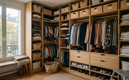 Dressing familial français contemporain en bois clair avec étagères rangées et vêtements accrochés sur cintres en début de soirée d'automne, ambiance sobre lumière naturelle documentaire aucun humain ni insecte visible plan large horizontal