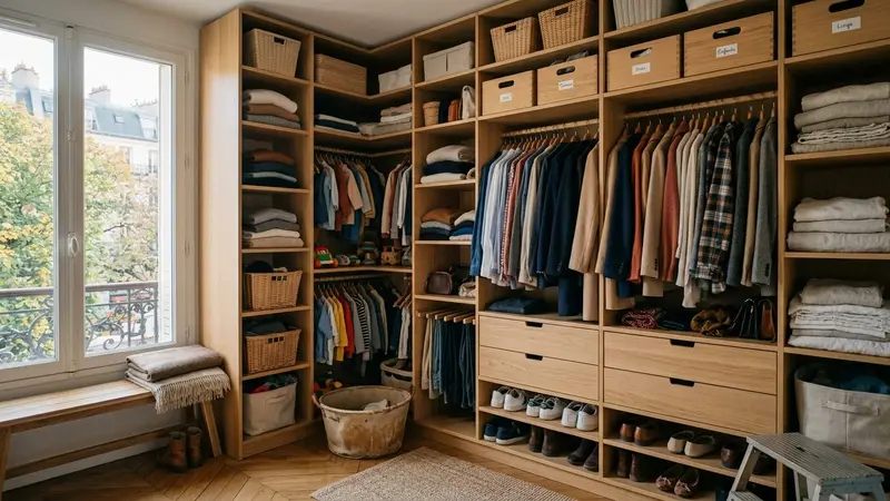 Dressing familial français contemporain en bois clair avec étagères rangées et vêtements accrochés sur cintres en début de soirée d'automne, ambiance sobre lumière naturelle documentaire aucun humain ni insecte visible plan large horizontal