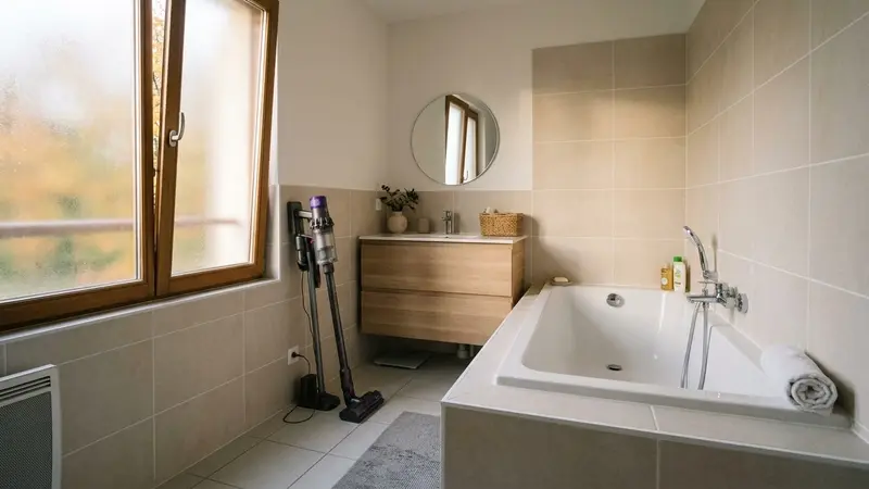 Salle de bains française contemporaine en carrelage clair avec joints silicone blanc propre autour de la baignoire et aspirateur balai posé à côté en début de matinée d'automne, ambiance sobre lumière naturelle documentaire aucun humain ni insecte visible plan large horizontal