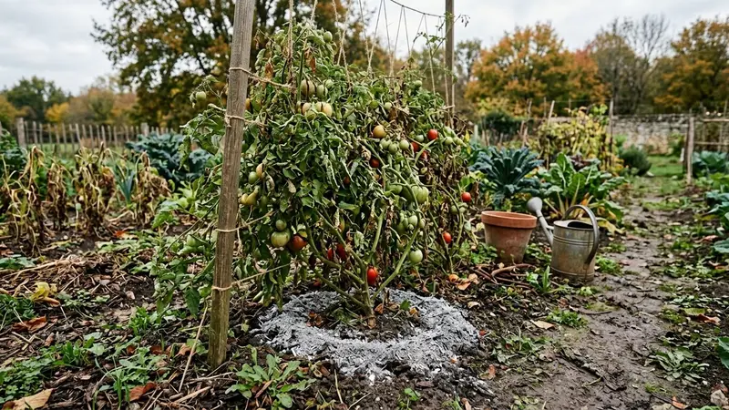 Coin de potager français d'automne avec pieds de tomates feuillus et petit tas de cendre de bois grise disposée en cercle à la base du plant en fin de matinée, ambiance sobre lumière naturelle documentaire aucun humain ni animal visible plan macro rapproché