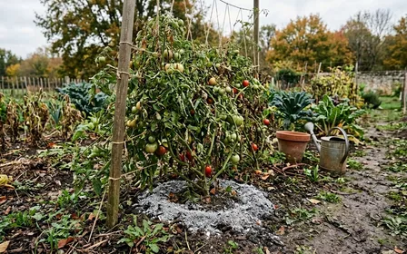 Coin de potager français d'automne avec pieds de tomates feuillus et petit tas de cendre de bois grise disposée en cercle à la base du plant en fin de matinée, ambiance sobre lumière naturelle documentaire aucun humain ni animal visible plan macro rapproché