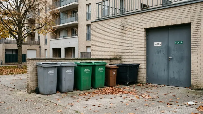 Local poubelles d'immeuble français contemporain avec bacs à ordures gris et verts rangés contre un mur en briques claires et porte métallique fermée en fin d'après-midi d'automne, ambiance sobre lumière naturelle documentaire aucun humain ni insecte visible plan large horizontal