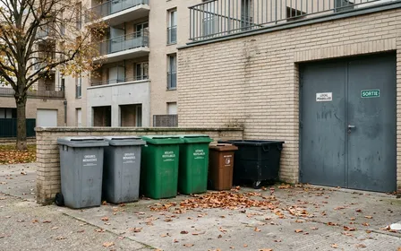 Local poubelles d'immeuble français contemporain avec bacs à ordures gris et verts rangés contre un mur en briques claires et porte métallique fermée en fin d'après-midi d'automne, ambiance sobre lumière naturelle documentaire aucun humain ni insecte visible plan large horizontal