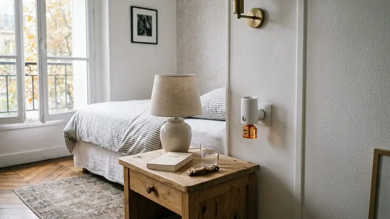 Chambre à coucher française contemporaine avec diffuseur insecticide électrique blanc branché sur prise murale et table de chevet en bois clair en début de matinée d'automne, ambiance sobre lumière naturelle documentaire aucun humain ni insecte visible plan macro rapproché