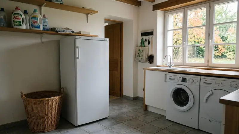 Buanderie française contemporaine avec congélateur blanc armoire fermé et panier à linge vide posé à côté en début d'après-midi d'automne, ambiance sobre lumière naturelle documentaire aucun humain ni insecte visible plan large horizontal