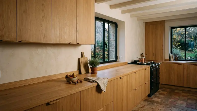 Cuisine française contemporaine avec placard fermé et plan de travail en bois clair dégagé en début de soirée d'automne, ambiance sobre lumière naturelle documentaire aucun humain ni insecte visible plan large horizontal