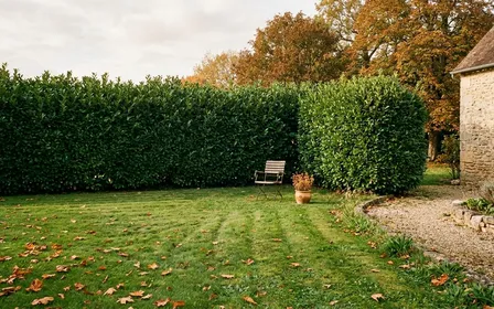 Coin de jardin français d'automne avec haie de laurier vert dense et pelouse rase bien entretenue en fin d'après-midi, ambiance sobre lumière naturelle documentaire aucun humain ni serpent visible plan large horizontal