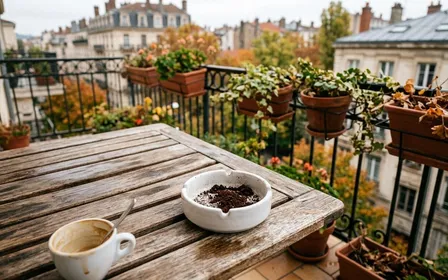 Balcon français contemporain avec table de jardin en bois clair et cendrier en céramique blanche contenant du marc de café sec grillé brun foncé en début de matinée d'automne, ambiance sobre lumière naturelle documentaire aucun humain ni insecte visible plan macro rapproché