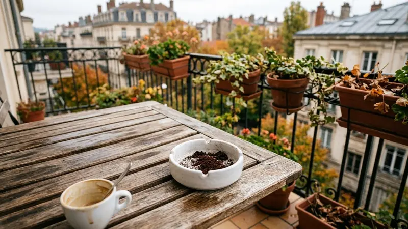 Balcon français contemporain avec table de jardin en bois clair et cendrier en céramique blanche contenant du marc de café sec grillé brun foncé en début de matinée d'automne, ambiance sobre lumière naturelle documentaire aucun humain ni insecte visible plan macro rapproché
