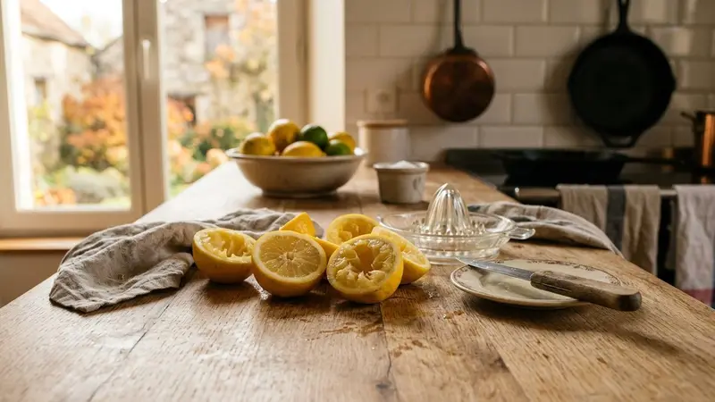 Plan de travail cuisine française contemporaine en bois clair avec moitiés de citron jaune pressées retournées côté chair sur la surface en fin d'après-midi d'automne, ambiance sobre lumière naturelle documentaire aucun humain ni insecte visible plan macro rapproché